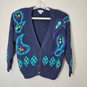 Vintage Gallagher Knit Cardigan L Navy Abstract 90s GrandmaCore CottageCore Cozy
